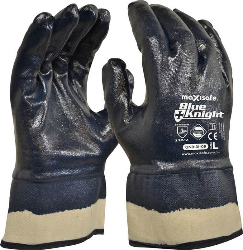 Blue Knight Heavy Duty Nitrile, fully coated glove with safety cuff