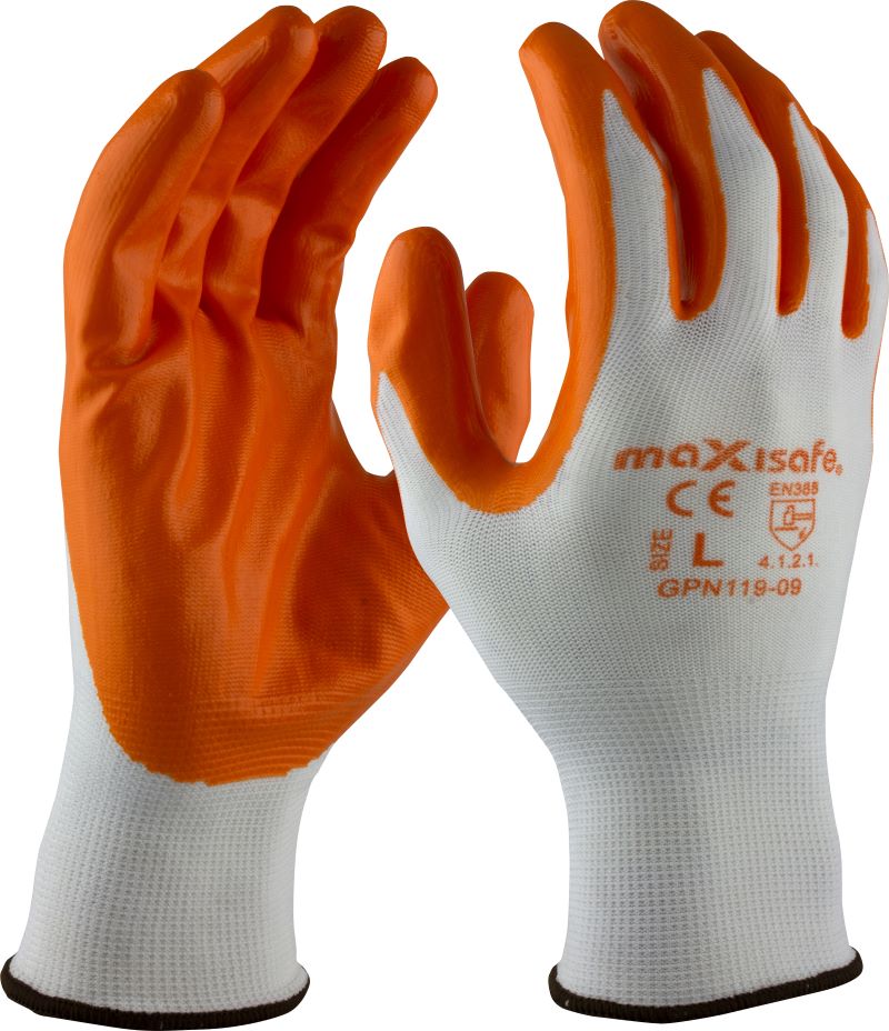 Maxisafe Red Nitrile Coated Polyester Glove, pack of 5 pairs