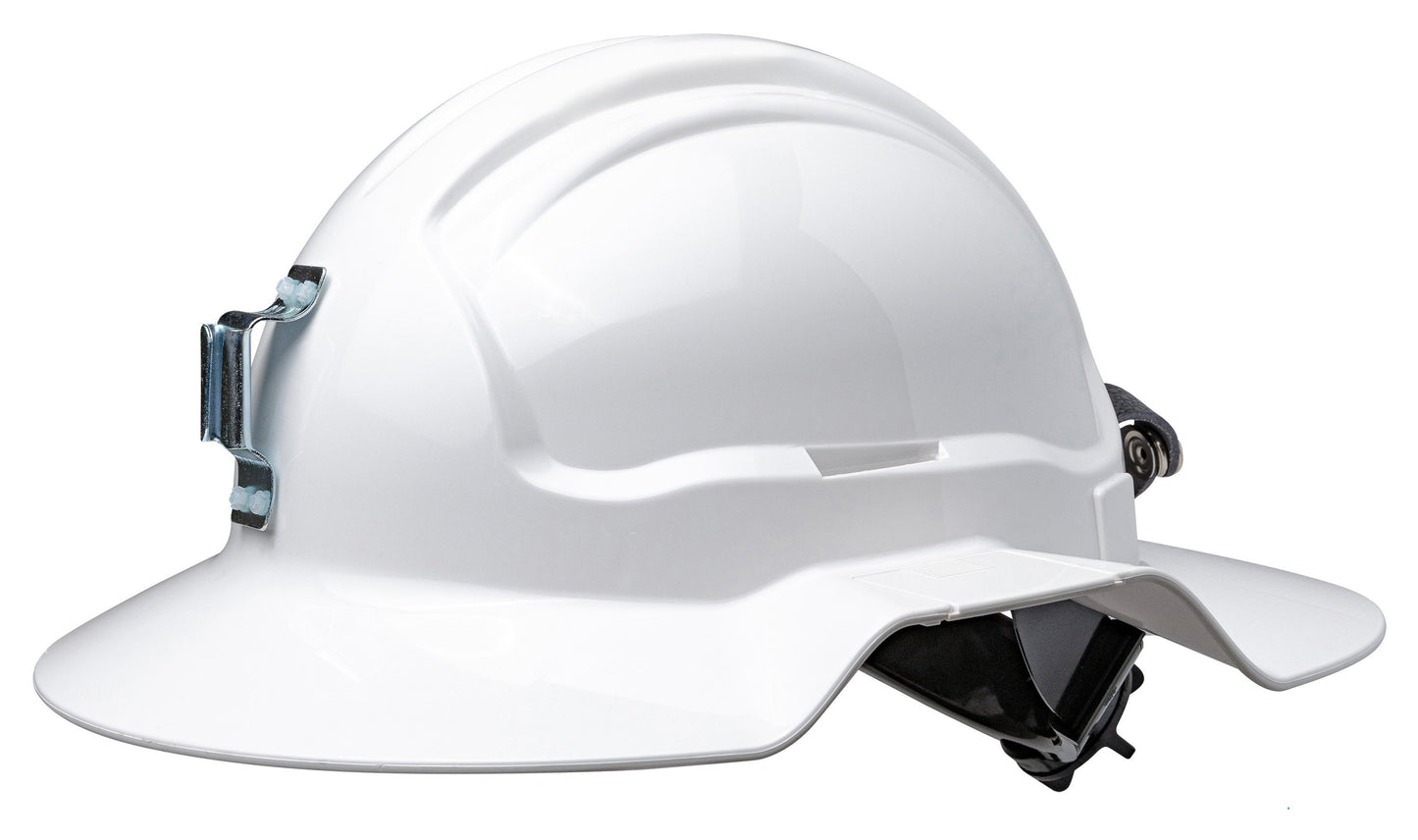 White Broadbrim Hard Hat Non-Vented w/ Metal Miners Bracket