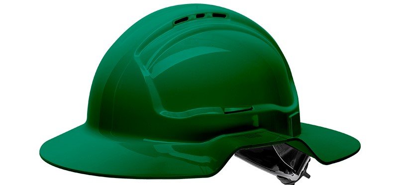 Green Broad Brim Vented Hard Hat – Ratchet