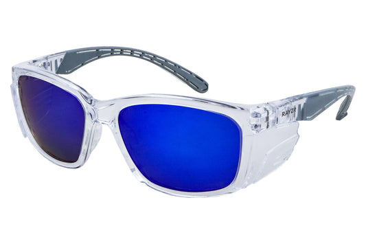 Rayzr Safety Glasses - Clear Frame - Blue Mirror Polarised