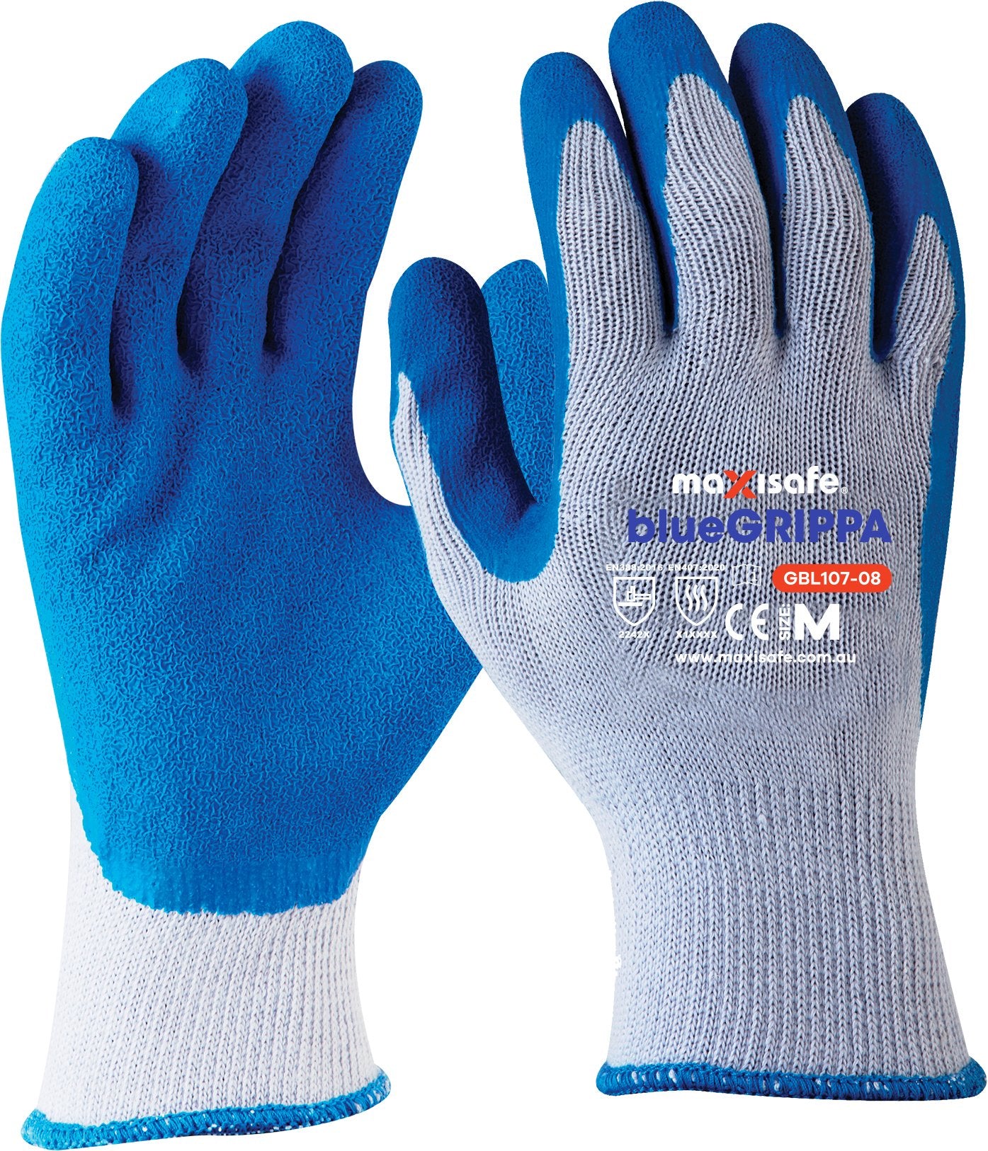 Blue Grippa Knitted poly cotton, blue latex dipped palm