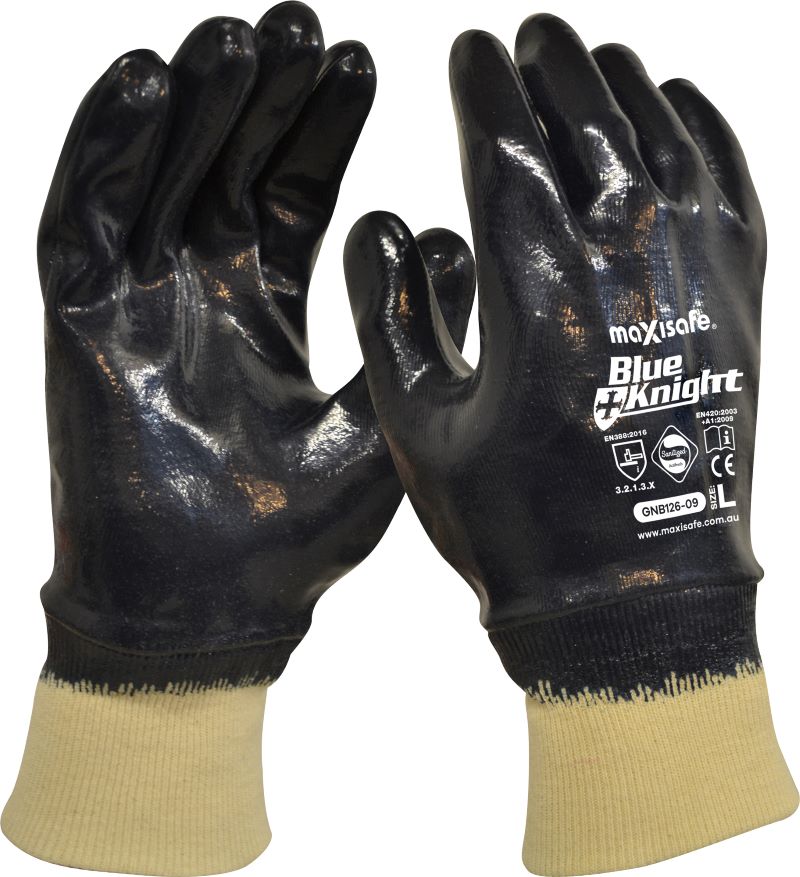 Blue Knight Heavy Duty Nitrile fully coated glove, with knit wrist