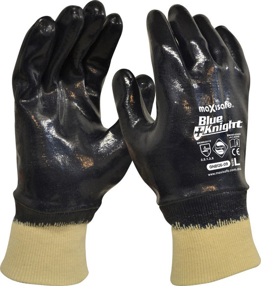 Blue Knight Heavy Duty Nitrile fully coated glove, with knit wrist