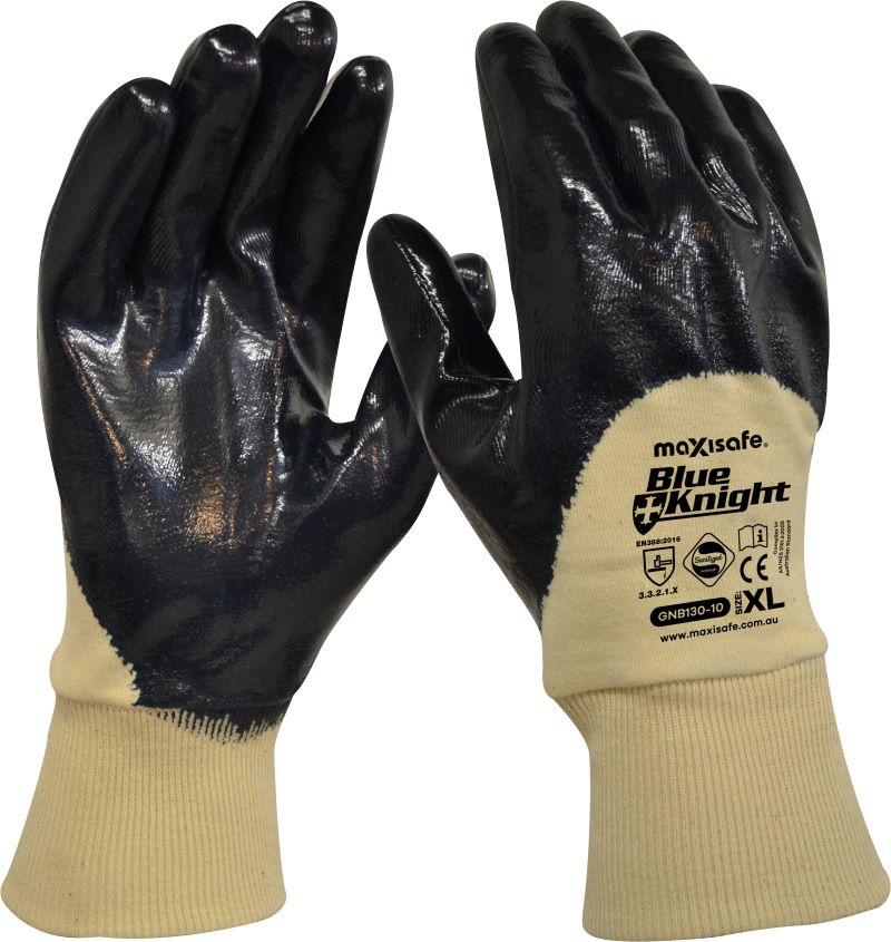 Blue Knight  Heavy Duty Nitrile 3/4 coated glove with knit wrist