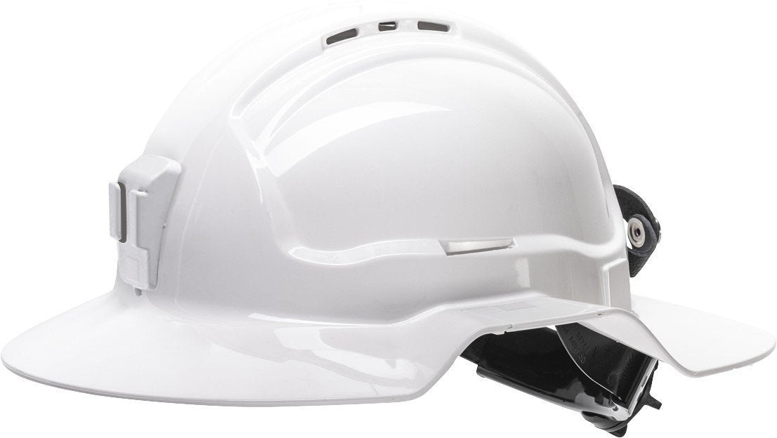 White Broadbrim Hard Hat w/ Plastic Miners Bracket