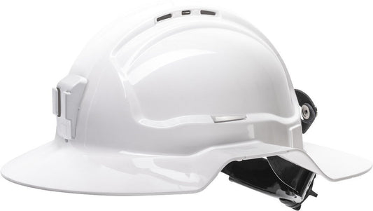 White Broadbrim Hard Hat w/ Plastic Miners Bracket
