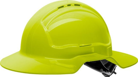 Fluro Yellow Broad Brim Vented Hard Hat - Ratchet Harness