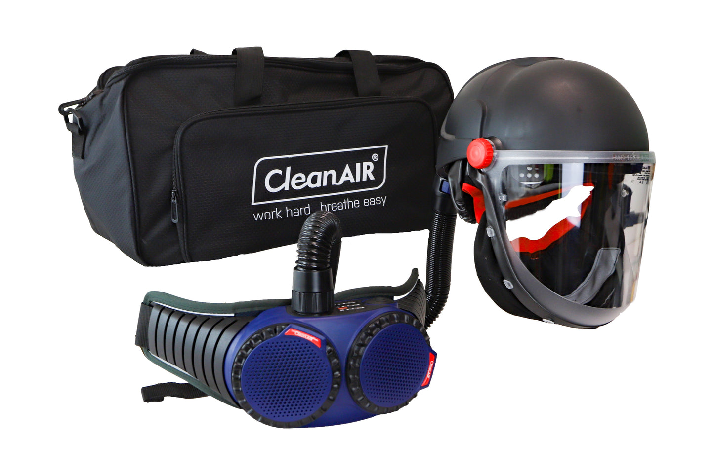 Ready 2 Work Kit CA-40G Helmet & AerGO PAPR with P3 filters, prefilters, comfort belt, QL hose, charger and battery in duffel bag - cylindrical visor