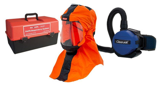 CleanAir Long Hood Orange CA-1 with Basic PAPR and storage container