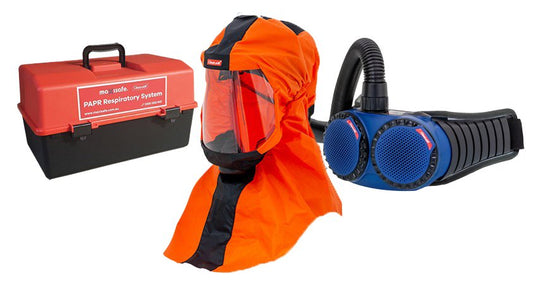CleanAir Long Hood Orange with AerGo PAPR and storage container