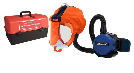 CleanAir Short Orange Hood CA-1 with Basic PAPR and storage container