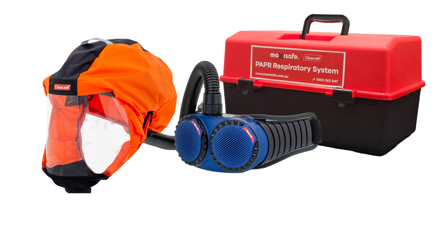 CleanAir  Short Hood Orange with AerGo PAPR and storage container
