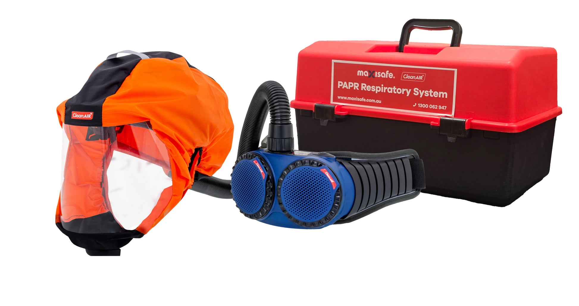 CleanAir  Short Hood Orange with AerGo PAPR and storage container