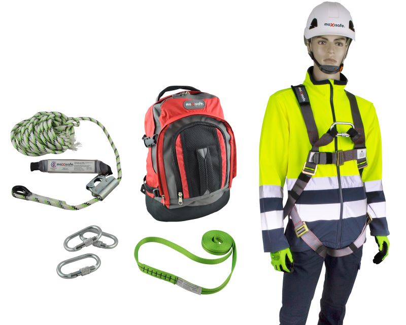 Maxisafe Basic Roofers Kit with full body harness, 15m rope line, screw gate karabiner, & 2m sling, 140kg rating - inclusions below